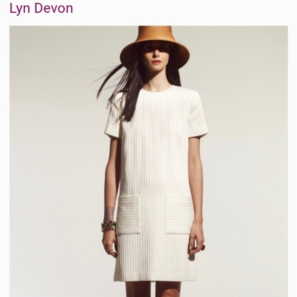 Lyn Devon Silk Cotton Woven Tan Mod Front Pocket Mod Classic Vogue Shift Dress 8
